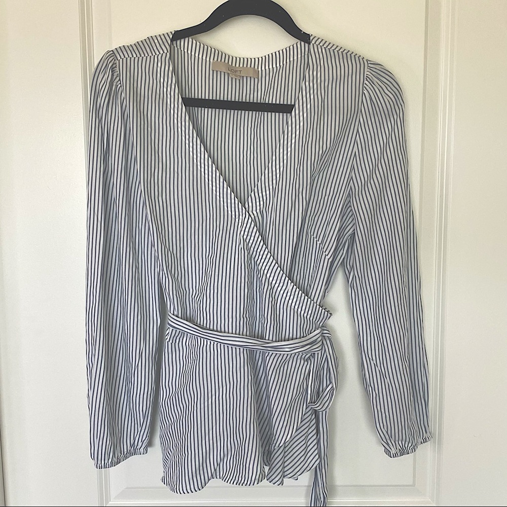 NWOT Loft Long Sleeve Wrap Peplum Striped Blouse BLUE/WHITE - SIZE M - Picture 2 of 11